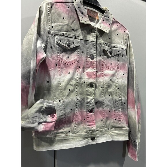 H&J Studded Spray Paint Denim Jacket Sz S Pink Gray Ombre Y2K Punk Streetwear - Picture 2 of 10